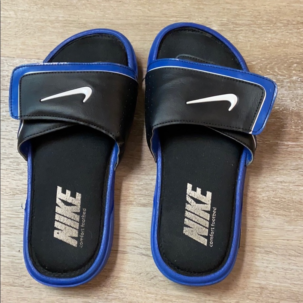 Black and Blue Nike Slides